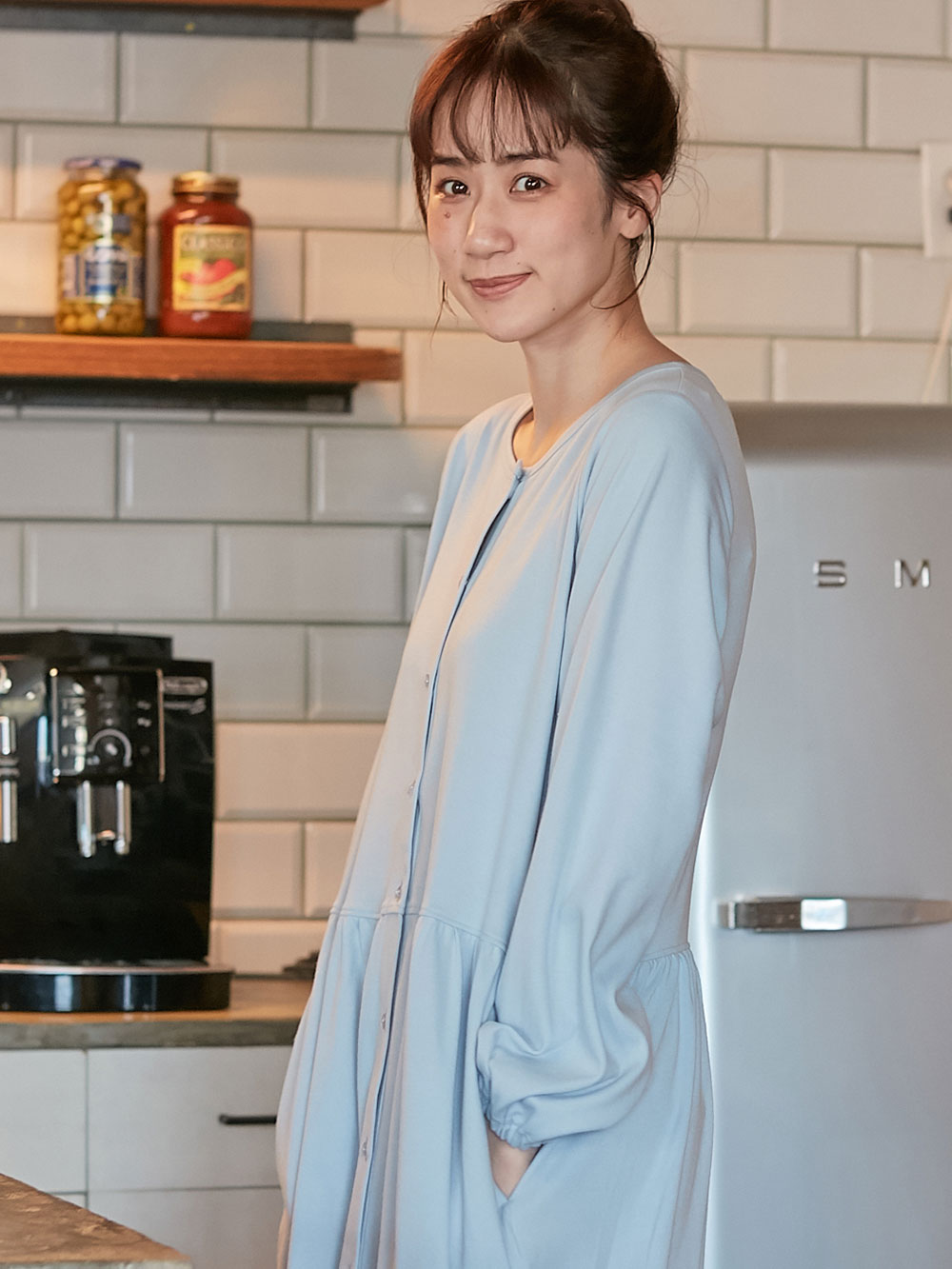 マタニティ パジャマ・ルームウェア|綿混やわらかスムース前開きワンピース×産後も使えるレギンスパジャマ【出産後も長く使える】|サックス