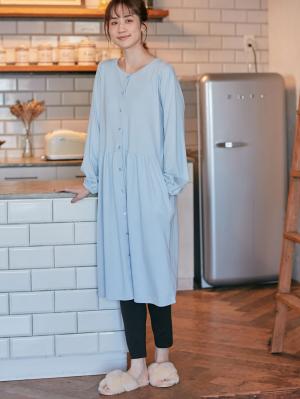 マタニティ パジャマ・ルームウェア|綿混やわらかスムース前開きワンピース×産後も使えるレギンスパジャマ【出産後も長く使える】|サックス