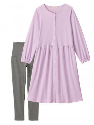 マタニティ パジャマ・ルームウェア|綿混やわらかスムース前開きワンピース×産後も使えるレギンスパジャマ【出産後も長く使える】|パープル