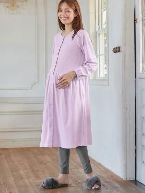 マタニティ パジャマ・ルームウェア|綿混やわらかスムース前開きワンピース×産後も使えるレギンスパジャマ【出産後も長く使える】|パープル
