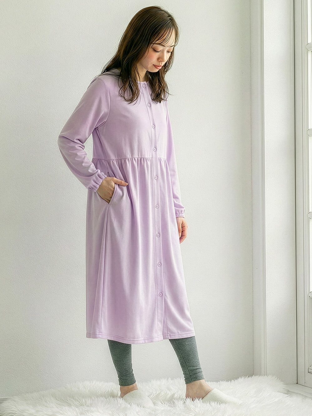 マタニティ パジャマ・ルームウェア|綿混やわらかスムース前開きワンピース×産後も使えるレギンスパジャマ【出産後も長く使える】|パープル