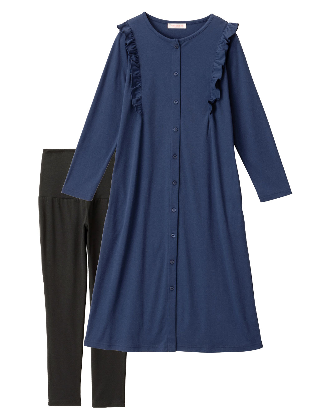 マタニティ パジャマ・ルームウェア|綿混やわらかスムースラッフルワンピ&産後も使えるレギンスパジャマ【出産後も長く使える】|ネイビー
