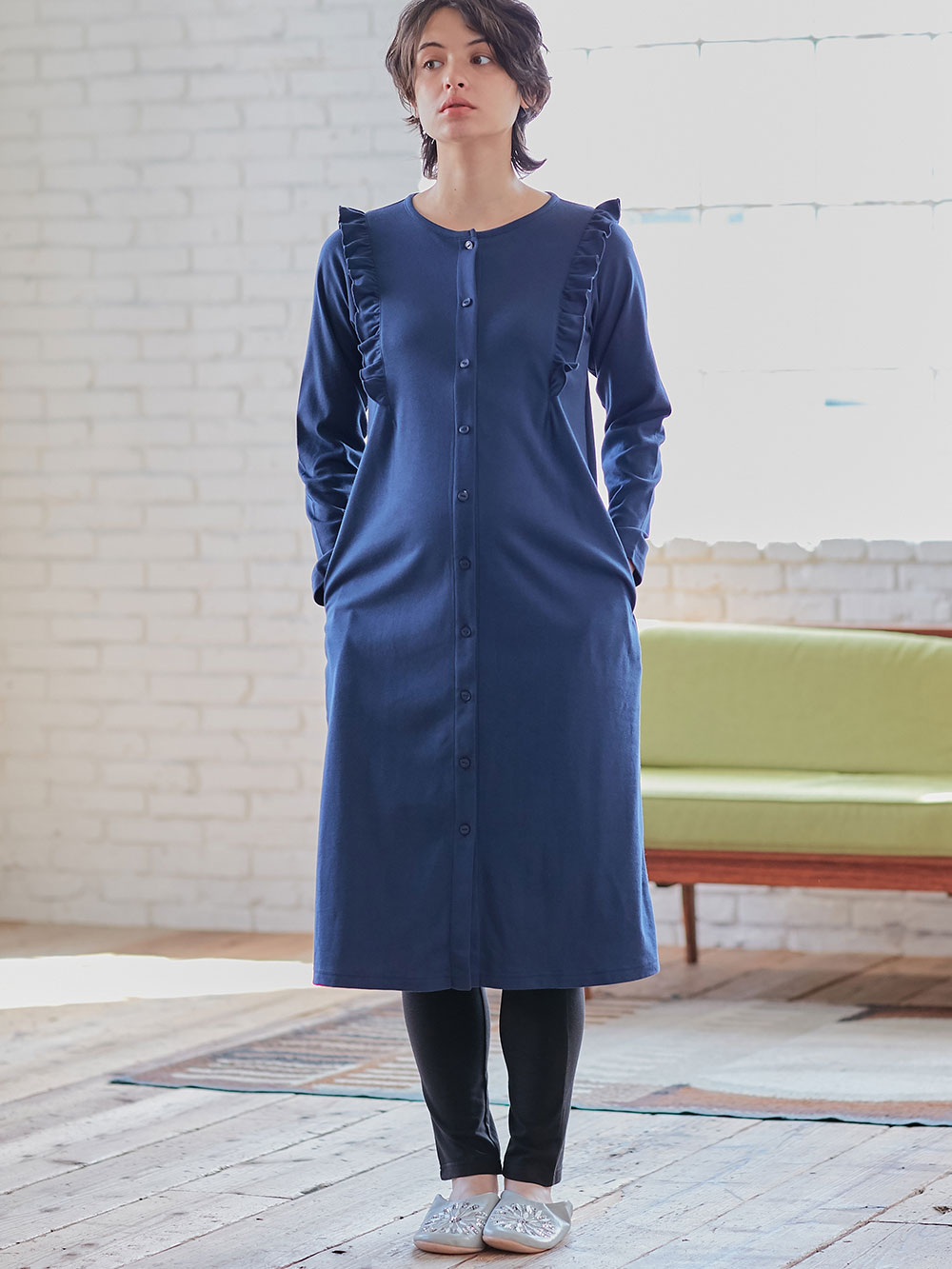 マタニティ パジャマ・ルームウェア|綿混やわらかスムースラッフルワンピ&産後も使えるレギンスパジャマ【出産後も長く使える】|ネイビー