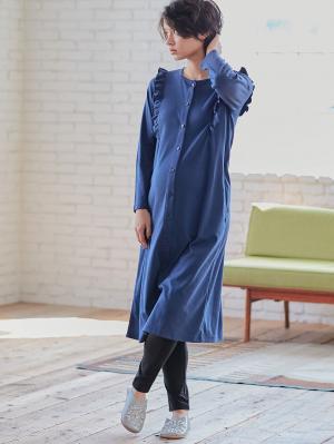 マタニティ パジャマ・ルームウェア|綿混やわらかスムースラッフルワンピ&産後も使えるレギンスパジャマ【出産後も長く使える】|ネイビー