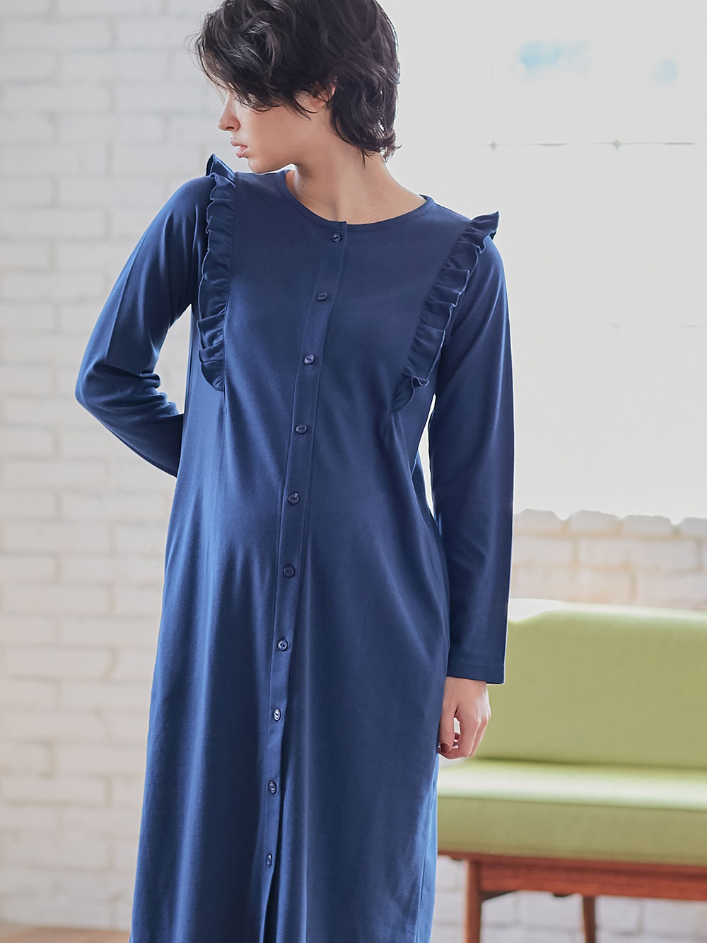 マタニティ パジャマ・ルームウェア|綿混やわらかスムースラッフルワンピ&産後も使えるレギンスパジャマ【出産後も長く使える】|ネイビー