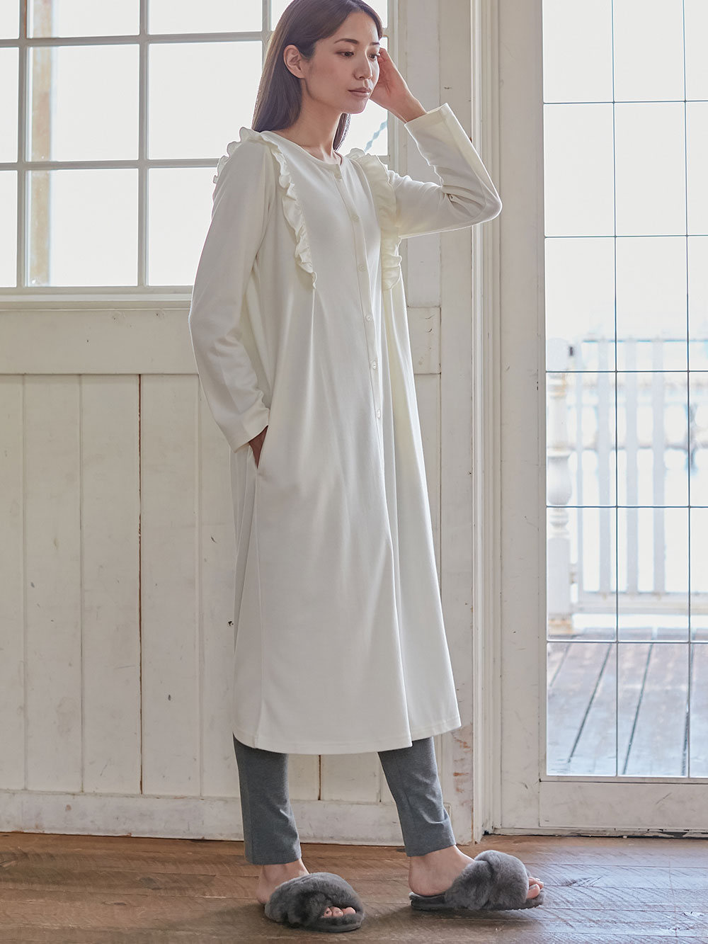 マタニティ パジャマ・ルームウェア|綿混やわらかスムースラッフルワンピ&産後も使えるレギンスパジャマ【出産後も長く使える】