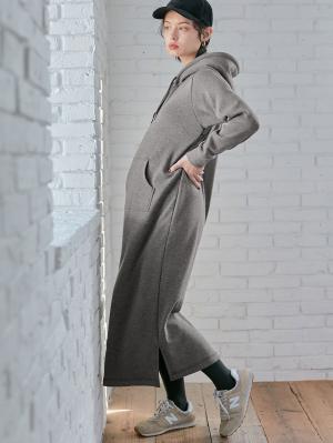 マタニティ ワンピース|【極暖】裏シャギーあったかパーカーマキシワンピース【出産後も長く使える】|杢チャコール