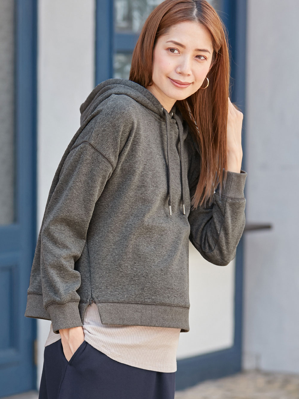 マタニティ トップス|【極暖】裏シャギーあったかパーカー【出産後も長く使える】|杢チャコール