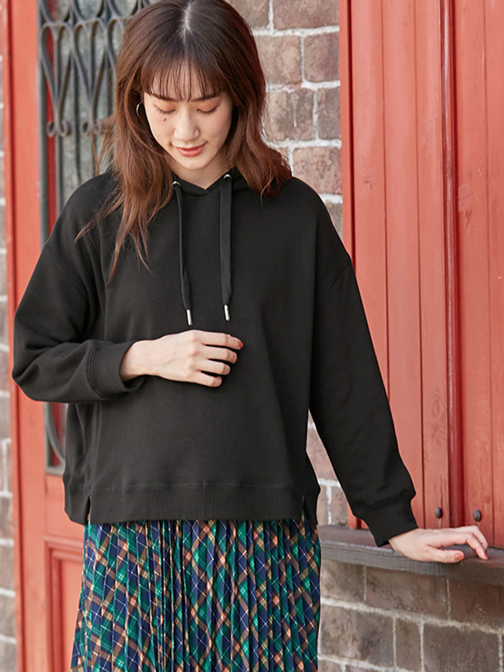 マタニティ トップス|【極暖】裏シャギーあったかパーカー【出産後も長く使える】|ブラック