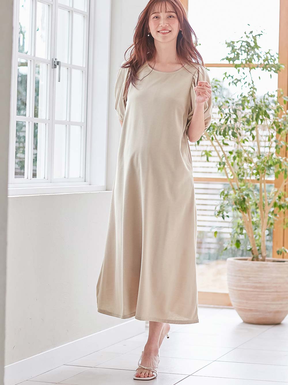 マタニティ ワンピース|Rosemadame(ローズマダム) 天竺汗染み防止ボリューム袖ワンピース マタニティ・産後授乳服【出産後も長く使える】|ベージュ