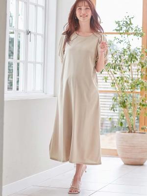 マタニティ ワンピース|Rosemadame(ローズマダム) 天竺汗染み防止ボリューム袖ワンピース マタニティ・産後授乳服【出産後も長く使える】|ベージュ