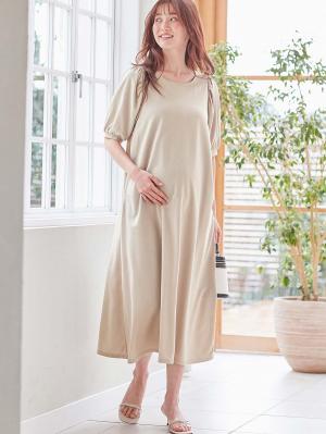 マタニティ ワンピース|Rosemadame(ローズマダム) 天竺汗染み防止ボリューム袖ワンピース マタニティ・産後授乳服【出産後も長く使える】|ベージュ