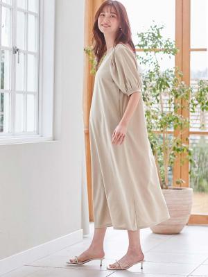 マタニティ ワンピース|Rosemadame(ローズマダム) 天竺汗染み防止ボリューム袖ワンピース マタニティ・産後授乳服【出産後も長く使える】|ベージュ