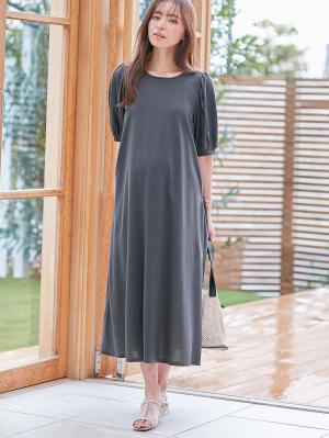 マタニティ ワンピース|Rosemadame(ローズマダム) 天竺汗染み防止ボリューム袖ワンピース マタニティ・産後授乳服【出産後も長く使える】|ネイビー