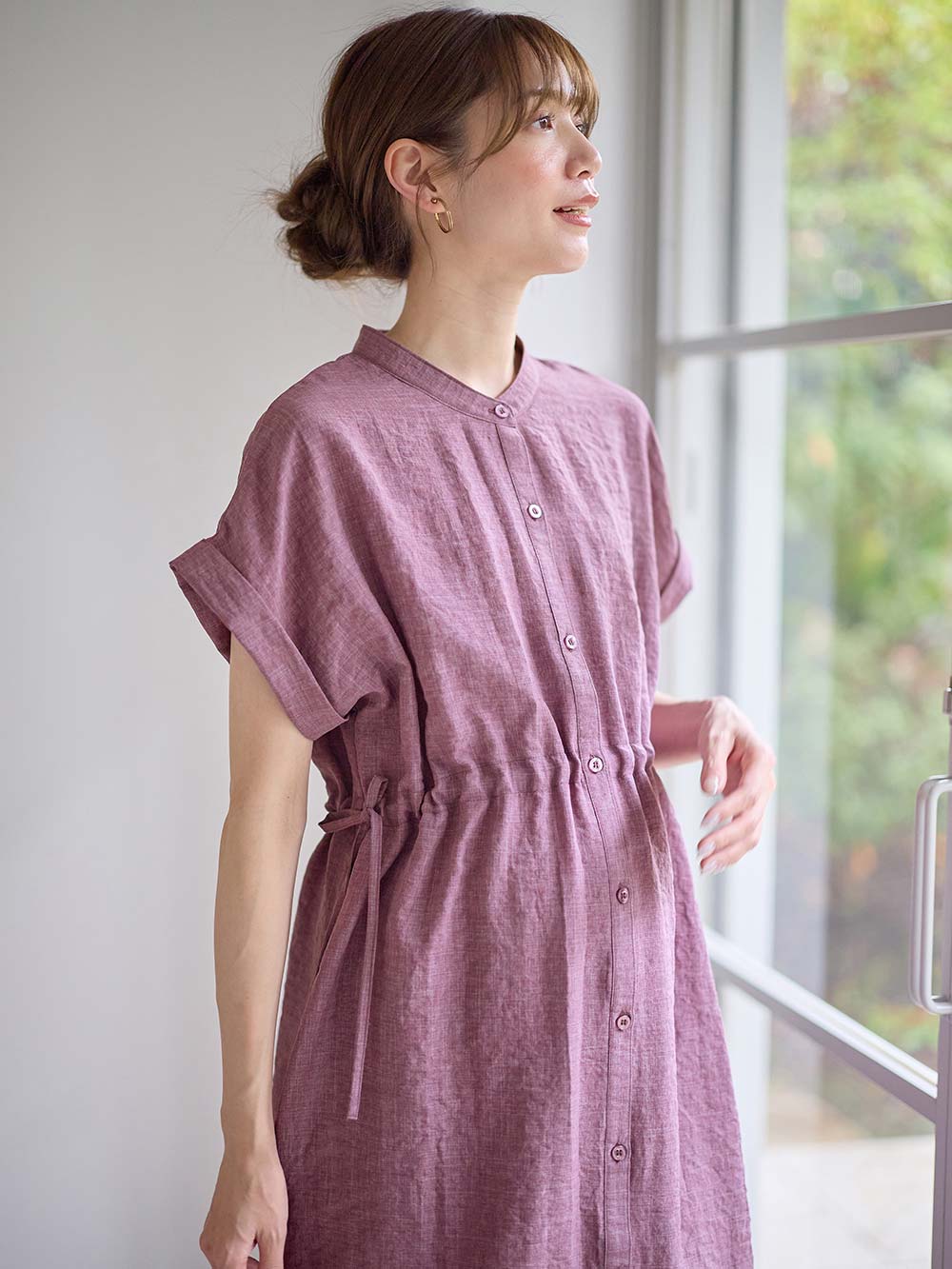 マタニティ ワンピース|Rosemadame（ローズマダム）　リネン風ドロストワンピース　マタニティ・産後授乳服【出産後も長く使える】|パープル