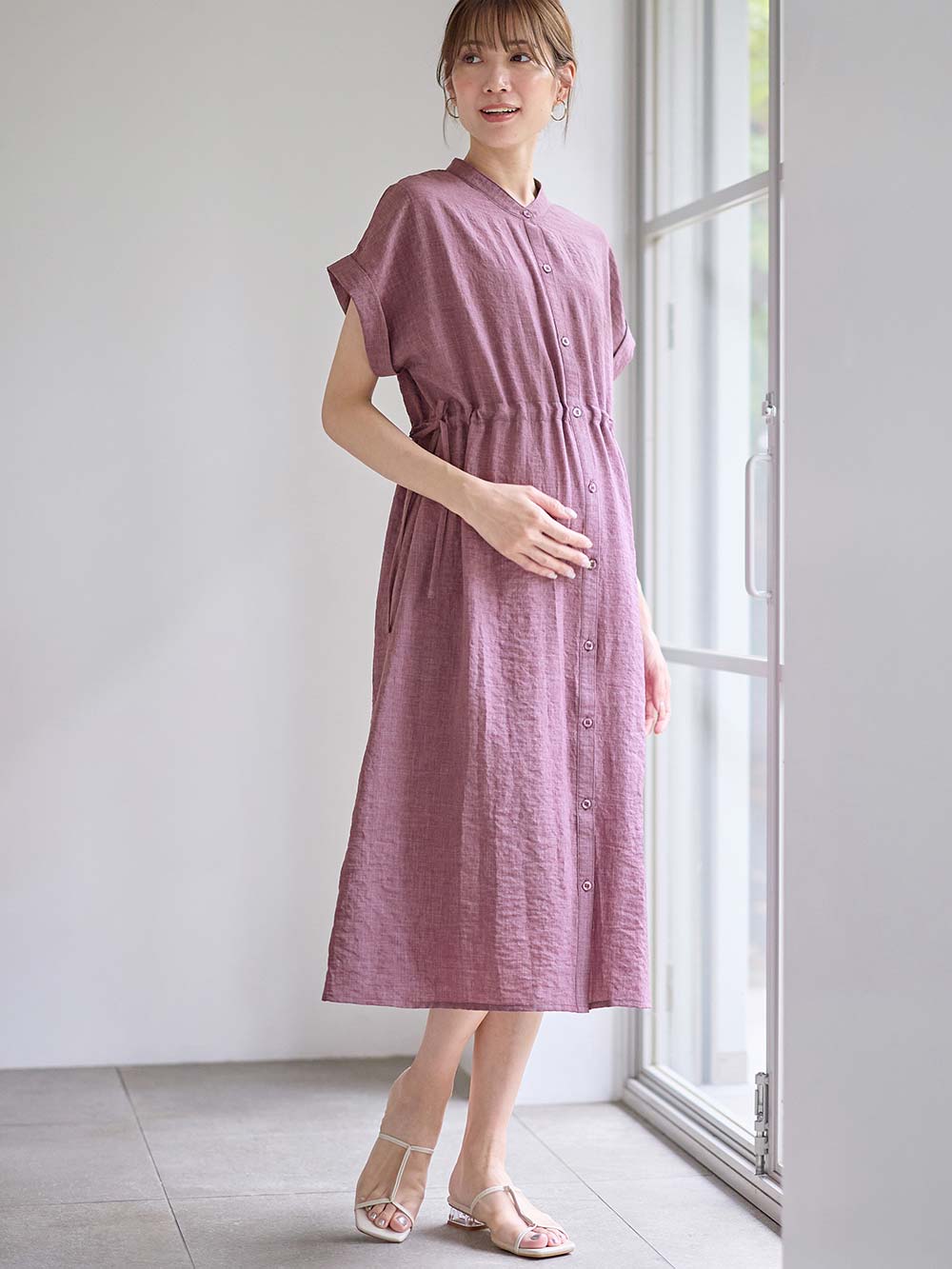 マタニティ ワンピース|Rosemadame（ローズマダム）　リネン風ドロストワンピース　マタニティ・産後授乳服【出産後も長く使える】|パープル