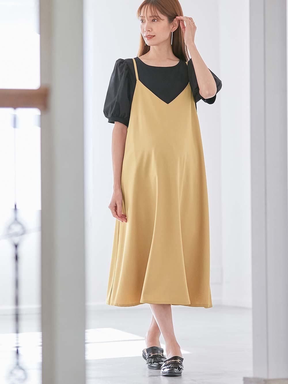 マタニティ ワンピース|Rosemadame（ローズマダム）　パフスリーブ半袖トップス&キャミワンピセット　マタニティ・産後授乳服【出産後も長く使える】|ベージュ