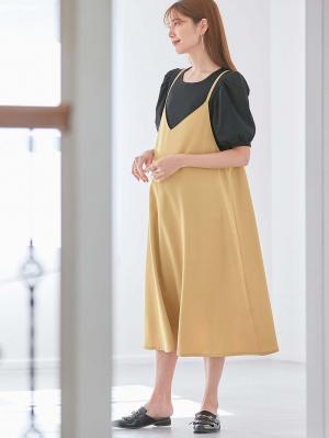 マタニティ ワンピース|Rosemadame（ローズマダム）　パフスリーブ半袖トップス&キャミワンピセット　マタニティ・産後授乳服【出産後も長く使える】|ベージュ