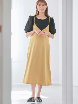 マタニティ ワンピース|Rosemadame（ローズマダム）　パフスリーブ半袖トップス&キャミワンピセット　マタニティ・産後授乳服【出産後も長く使える】|ベージュ