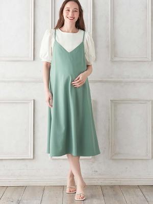 マタニティ ワンピース|Rosemadame（ローズマダム）　パフスリーブ半袖トップス&キャミワンピセット　マタニティ・産後授乳服【出産後も長く使える】|ライトグリーン