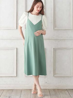 マタニティ ワンピース|Rosemadame（ローズマダム）　パフスリーブ半袖トップス&キャミワンピセット　マタニティ・産後授乳服【出産後も長く使える】|ライトグリーン