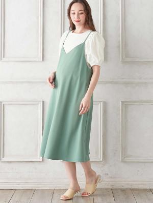 マタニティ ワンピース|Rosemadame（ローズマダム）　パフスリーブ半袖トップス&キャミワンピセット　マタニティ・産後授乳服【出産後も長く使える】|ライトグリーン