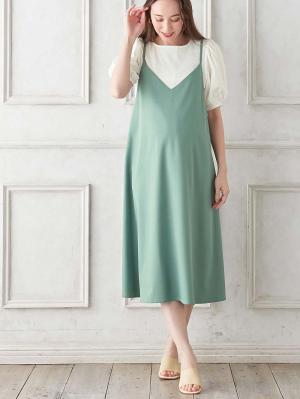 マタニティ ワンピース|Rosemadame（ローズマダム）　パフスリーブ半袖トップス&キャミワンピセット　マタニティ・産後授乳服【出産後も長く使える】|ライトグリーン