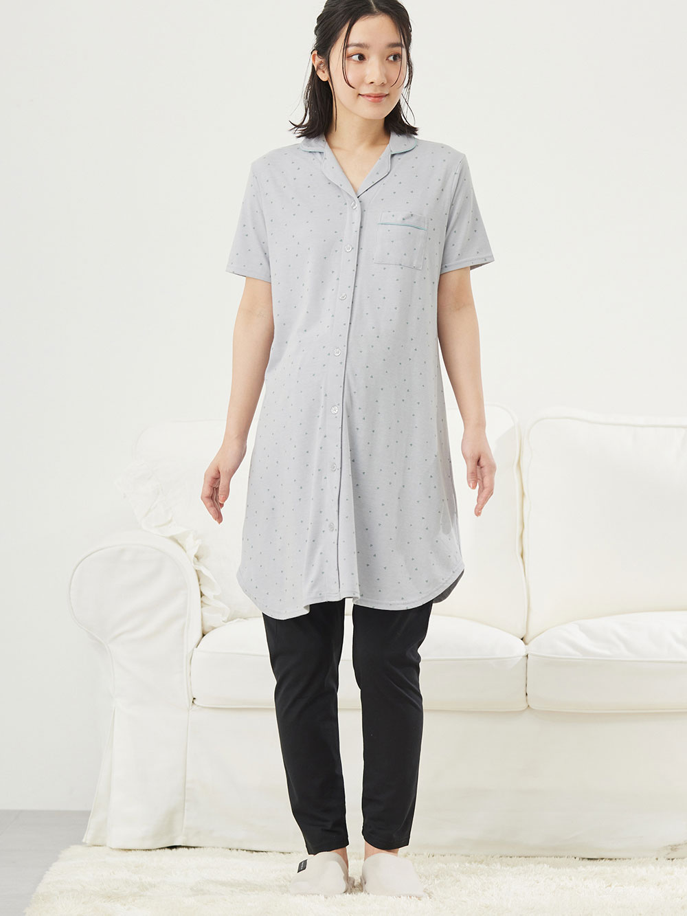 マタニティ パジャマ・ルームウェア|Rosemadame（ローズマダム）　ハートプリント天竺素材半袖パジャマ　マタニティ・産後授乳パジャマ【出産後も長く使える】|サックス