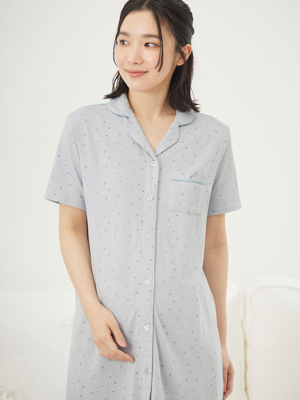 マタニティ パジャマ・ルームウェア|Rosemadame（ローズマダム）　ハートプリント天竺素材半袖パジャマ　マタニティ・産後授乳パジャマ【出産後も長く使える】|サックス