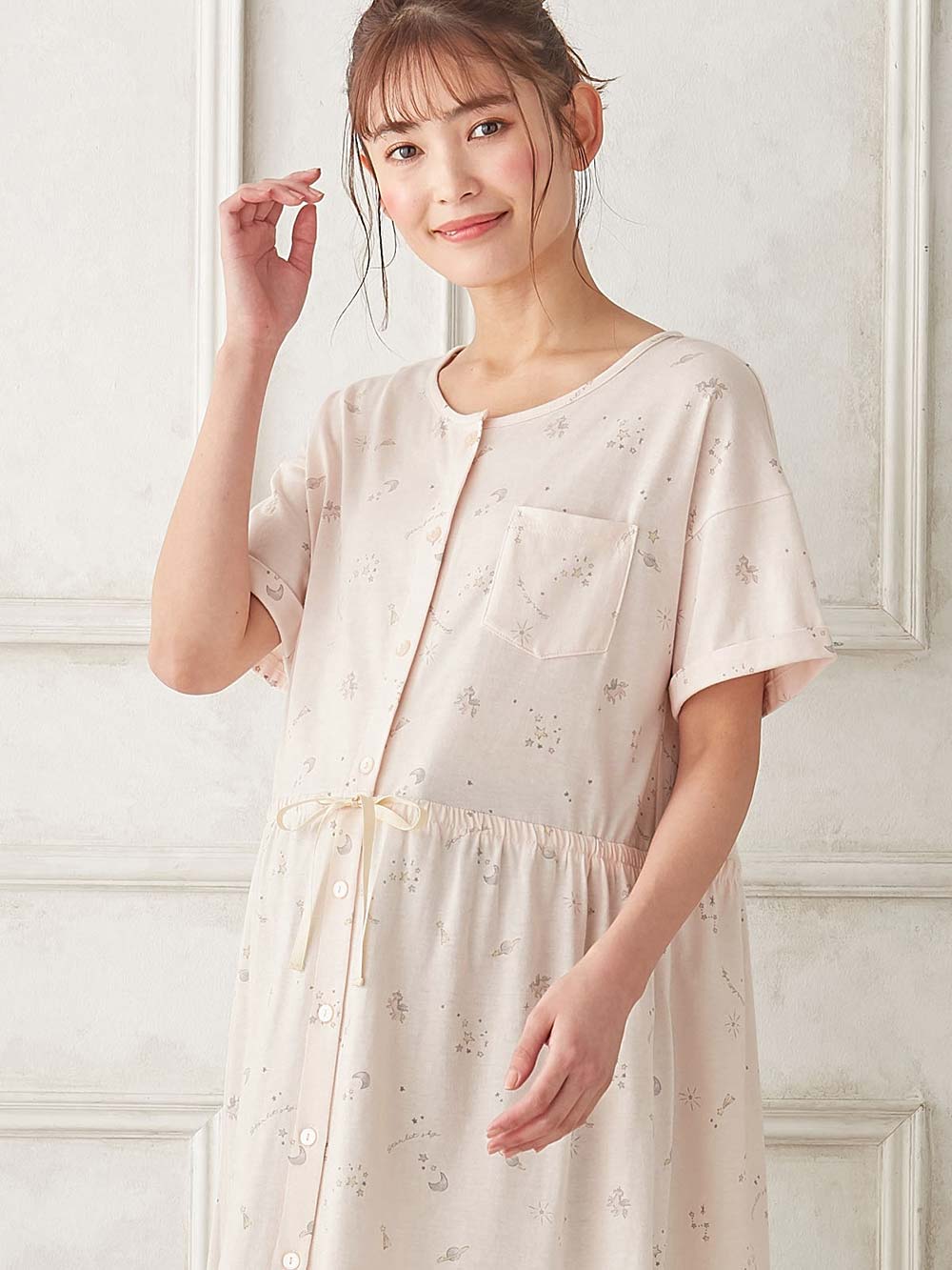 マタニティ パジャマ・ルームウェア|Rosemadame（ローズマダム）　スタープリント天竺素材半袖パジャマ　マタニティ・産後授乳パジャマ【出産後も長く使える】|ピンク