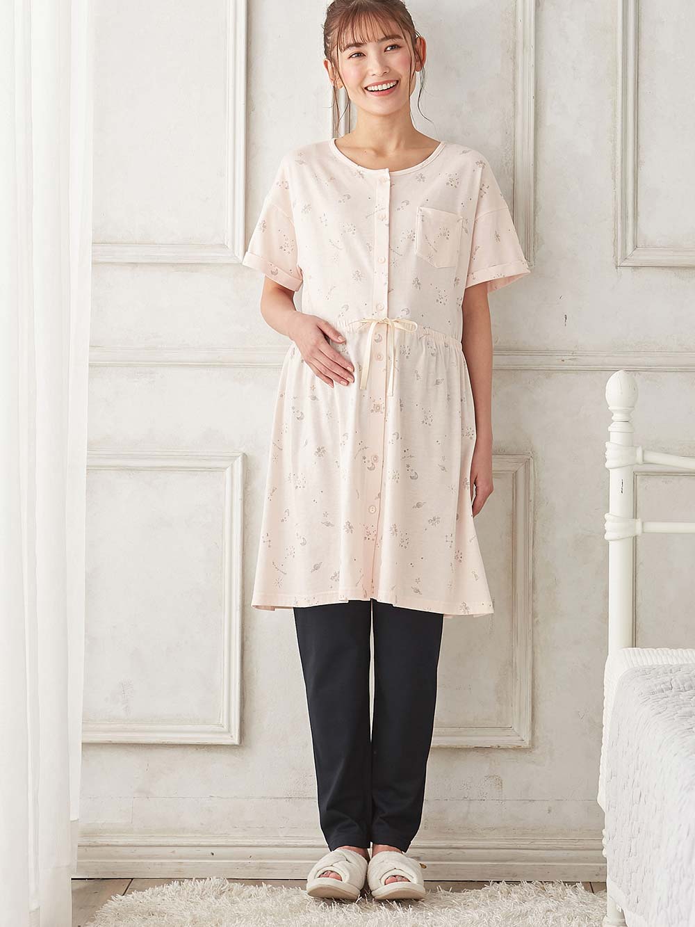 マタニティ パジャマ・ルームウェア|Rosemadame（ローズマダム）　スタープリント天竺素材半袖パジャマ　マタニティ・産後授乳パジャマ【出産後も長く使える】|ピンク