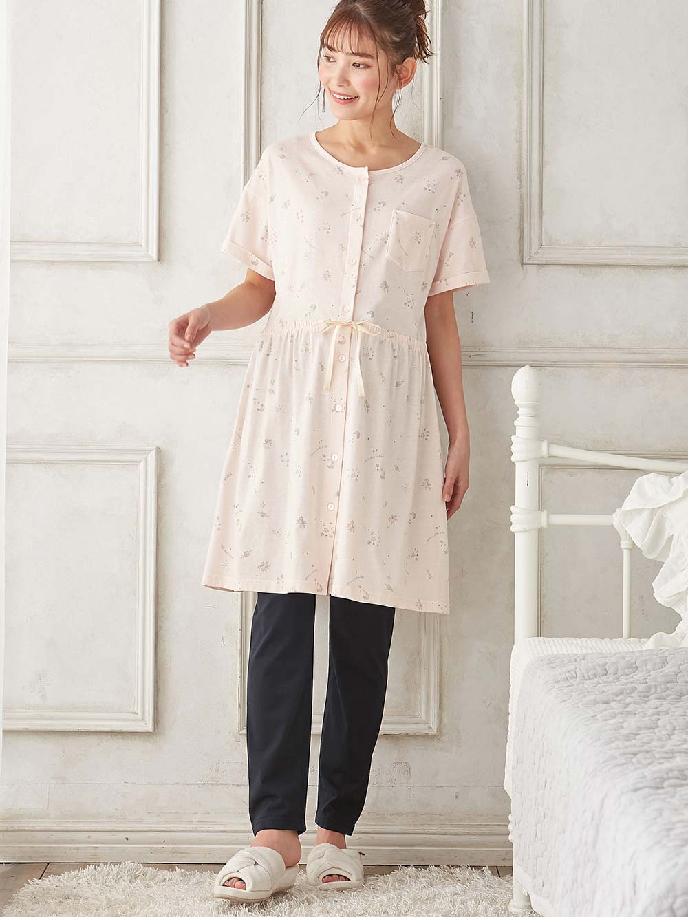 マタニティ パジャマ・ルームウェア|Rosemadame（ローズマダム）　スタープリント天竺素材半袖パジャマ　マタニティ・産後授乳パジャマ【出産後も長く使える】|ピンク