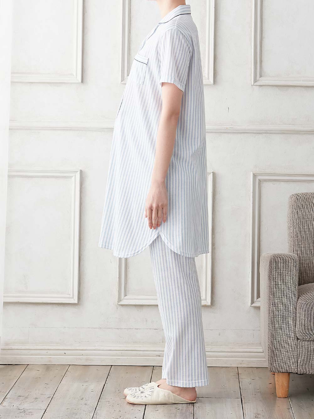 マタニティ パジャマ・ルームウェア|Rosemadame（ローズマダム）　ストライププリント天竺素材半袖パジャマ　マタニティ・産後授乳パジャマ【出産後も長く使える】