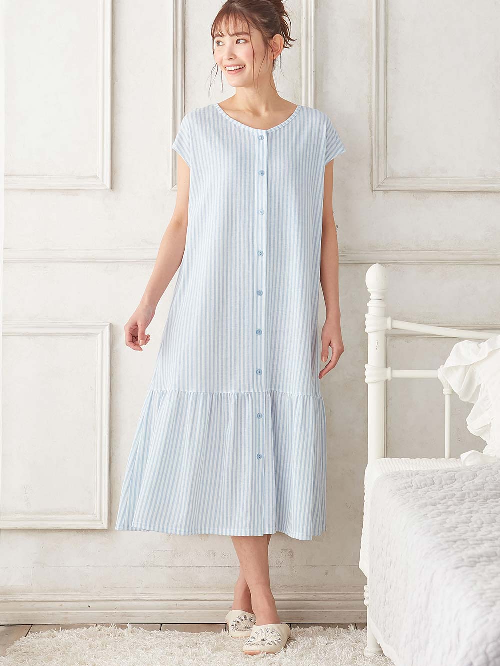 マタニティ パジャマ・ルームウェア|Rosemadame（ローズマダム）　ストライププリント天竺素材半袖ネグリジェパジャマ　マタニティ・産後授乳パジャマ【出産後も長く使える】