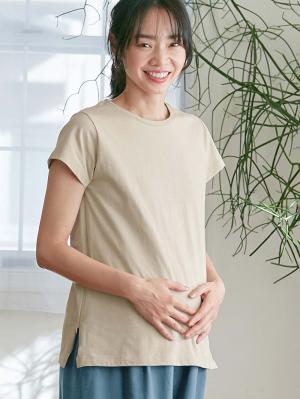 マタニティ トップス|綿混やわらかシンプルTEE　マタニティ・産後授乳服【出産後も長く使える】|グレージュ