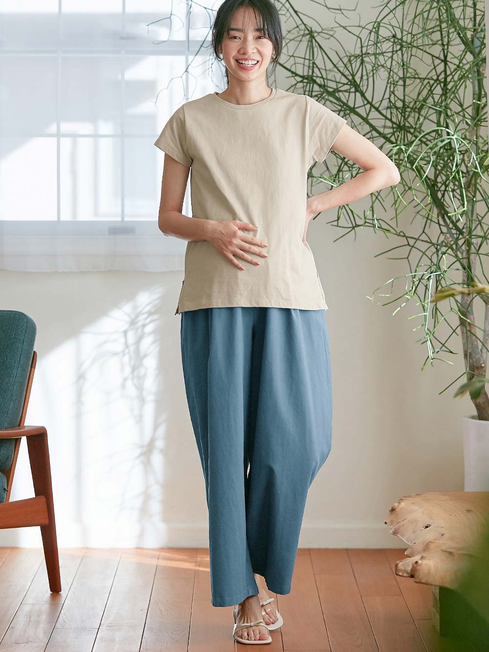マタニティ トップス|綿混やわらかシンプルTEE　マタニティ・産後授乳服【出産後も長く使える】|グレージュ