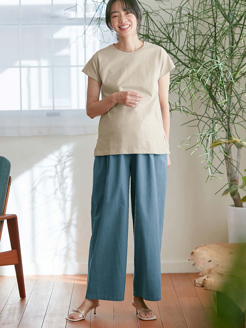 マタニティ トップス|綿混やわらかシンプルTEE　マタニティ・産後授乳服【出産後も長く使える】|グレージュ