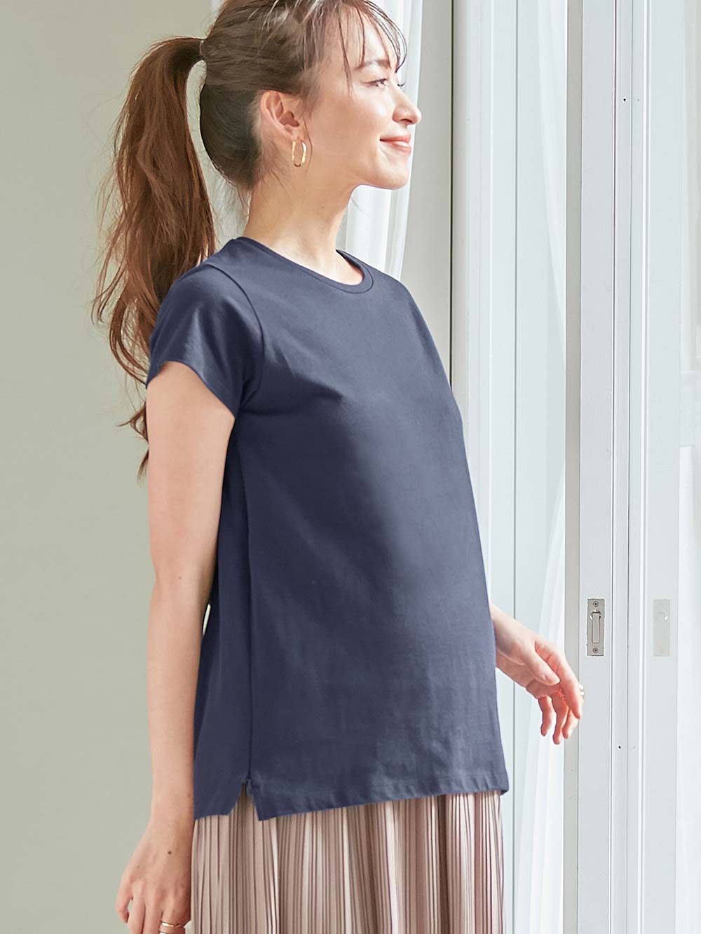 マタニティ トップス|綿混やわらかシンプルTEE　マタニティ・産後授乳服【出産後も長く使える】|ネイビー