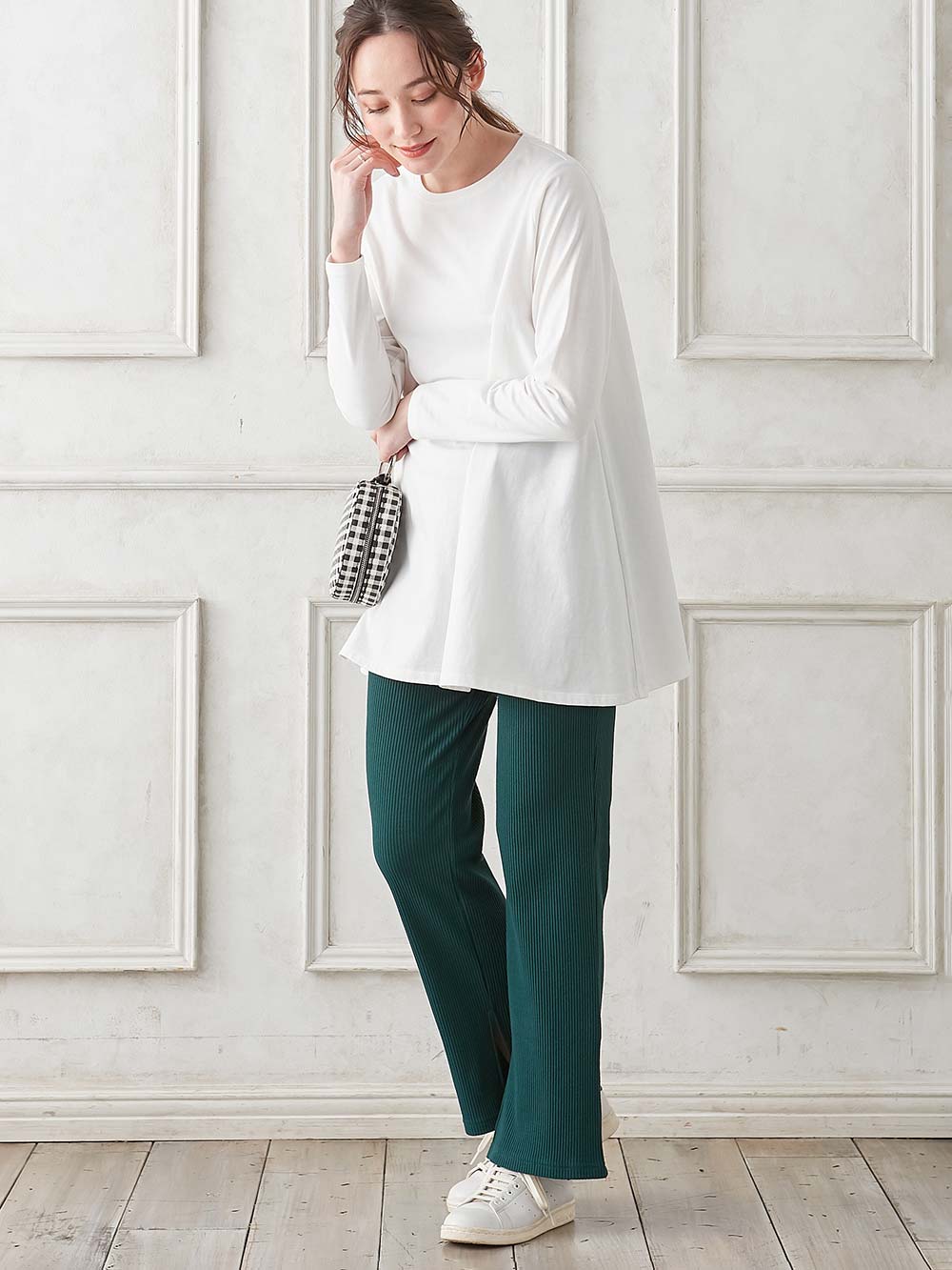 マタニティ トップス|綿混やわらかフレアロングTシャツ マタニティ・産後授乳服【出産後も長く使える】