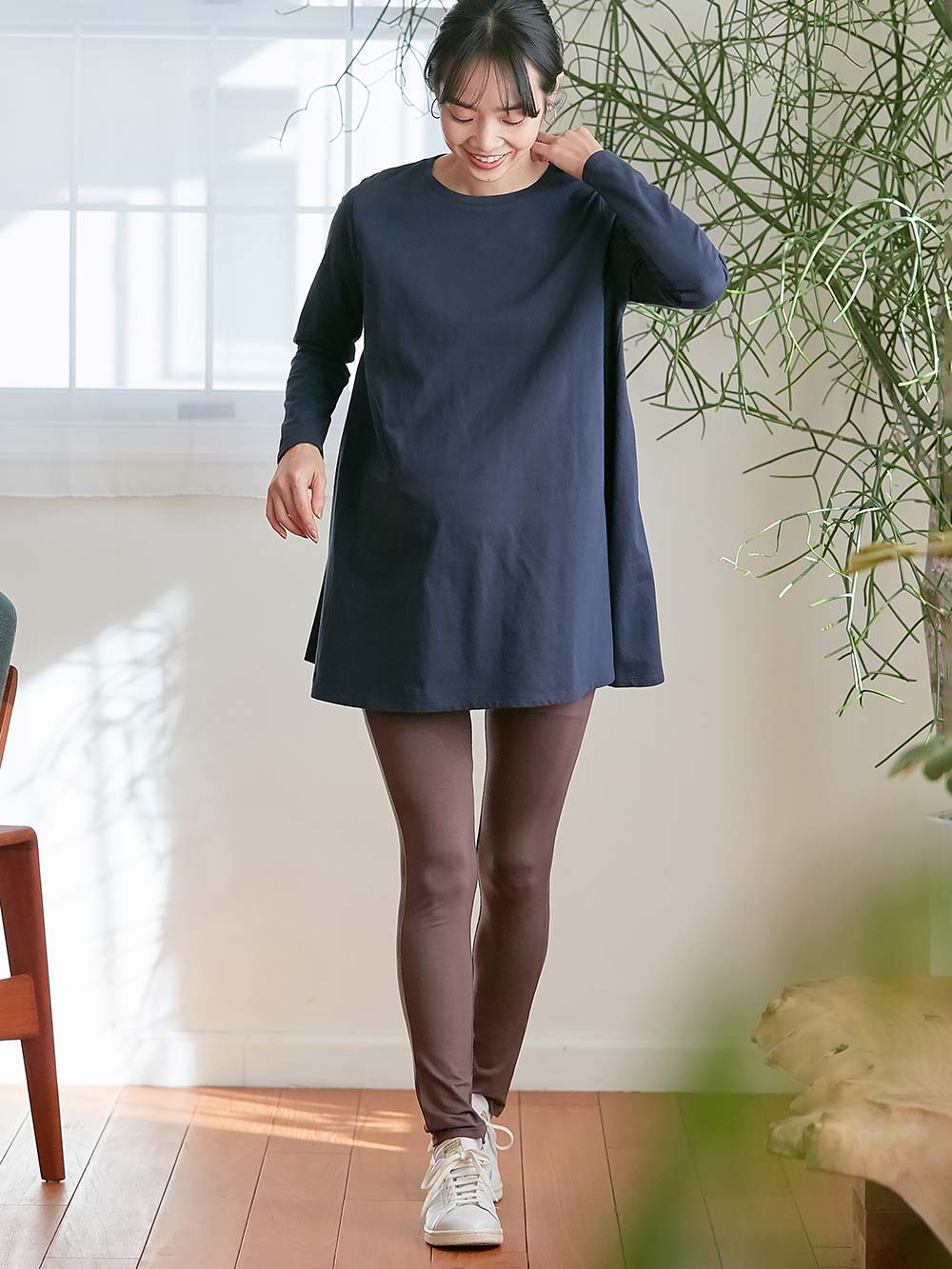 マタニティ トップス|綿混やわらかフレアロングTシャツ マタニティ・産後授乳服【出産後も長く使える】|ネイビー