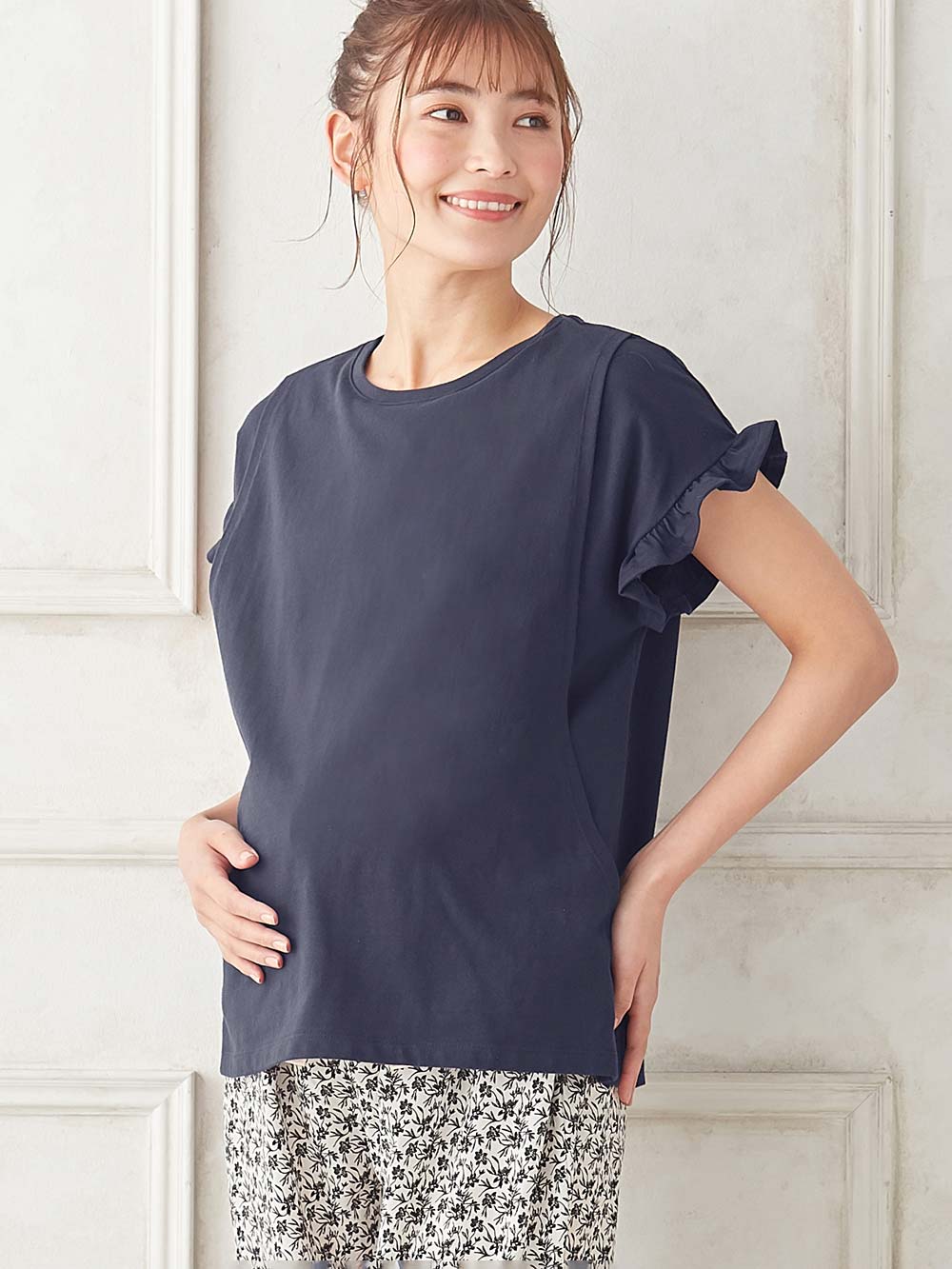 マタニティ パジャマ・ルームウェア|授乳口付きフリルTEE&ルームパンツセット マタニティ・授乳パジャマ【出産後も長く使える】|ネイビー