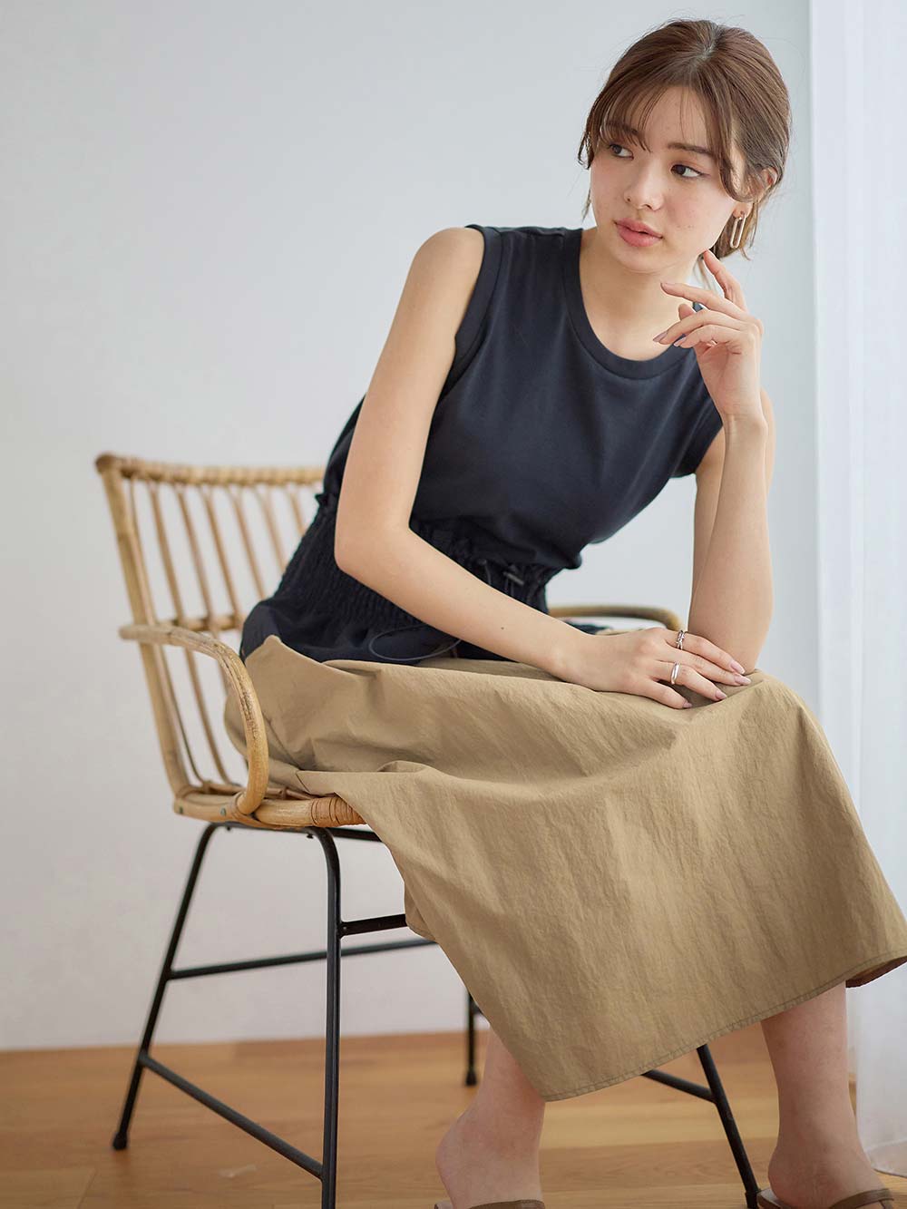 マタニティ トップス|綿混やわらかノースリーブTシャツ　マタニティ・産後授乳服【出産後も長く使える】|ネイビー