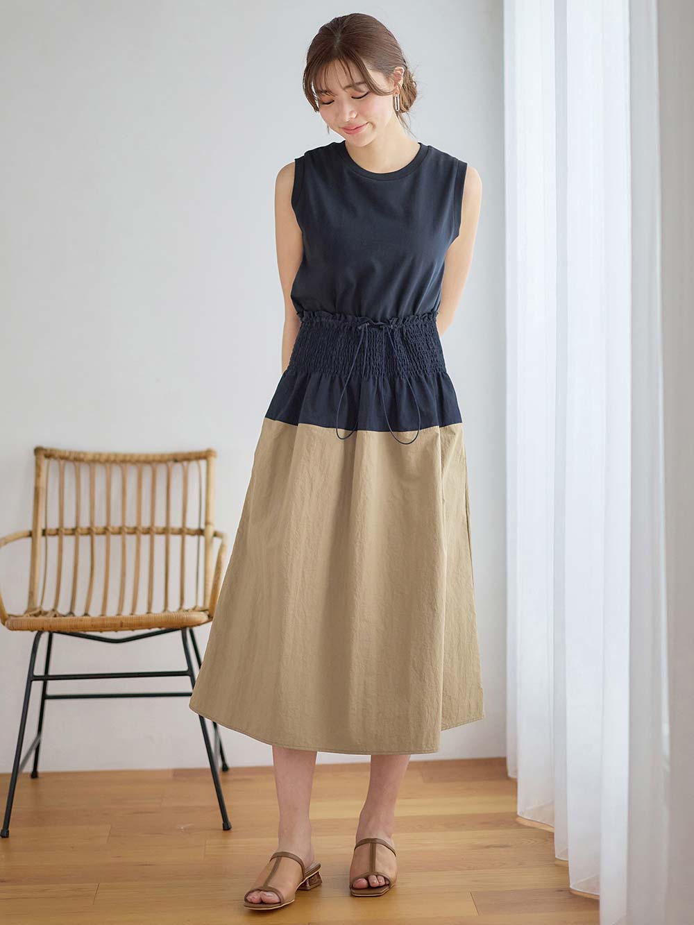 マタニティ トップス|綿混やわらかノースリーブTシャツ　マタニティ・産後授乳服【出産後も長く使える】|ネイビー