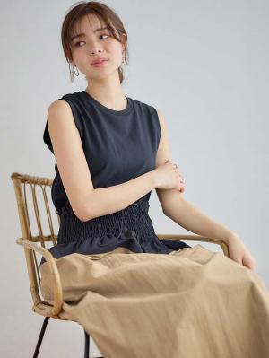 マタニティ トップス|綿混やわらかノースリーブTシャツ　マタニティ・産後授乳服【出産後も長く使える】|ネイビー