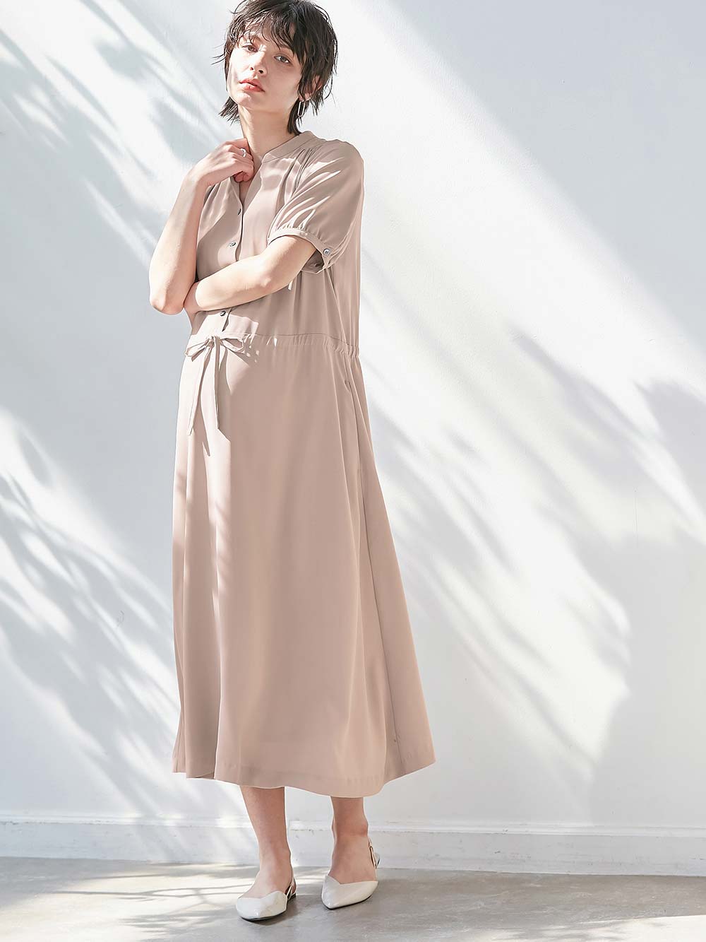 半袖ギャザーシャツワンピース マタニティ・産後授乳服【出産後も長く