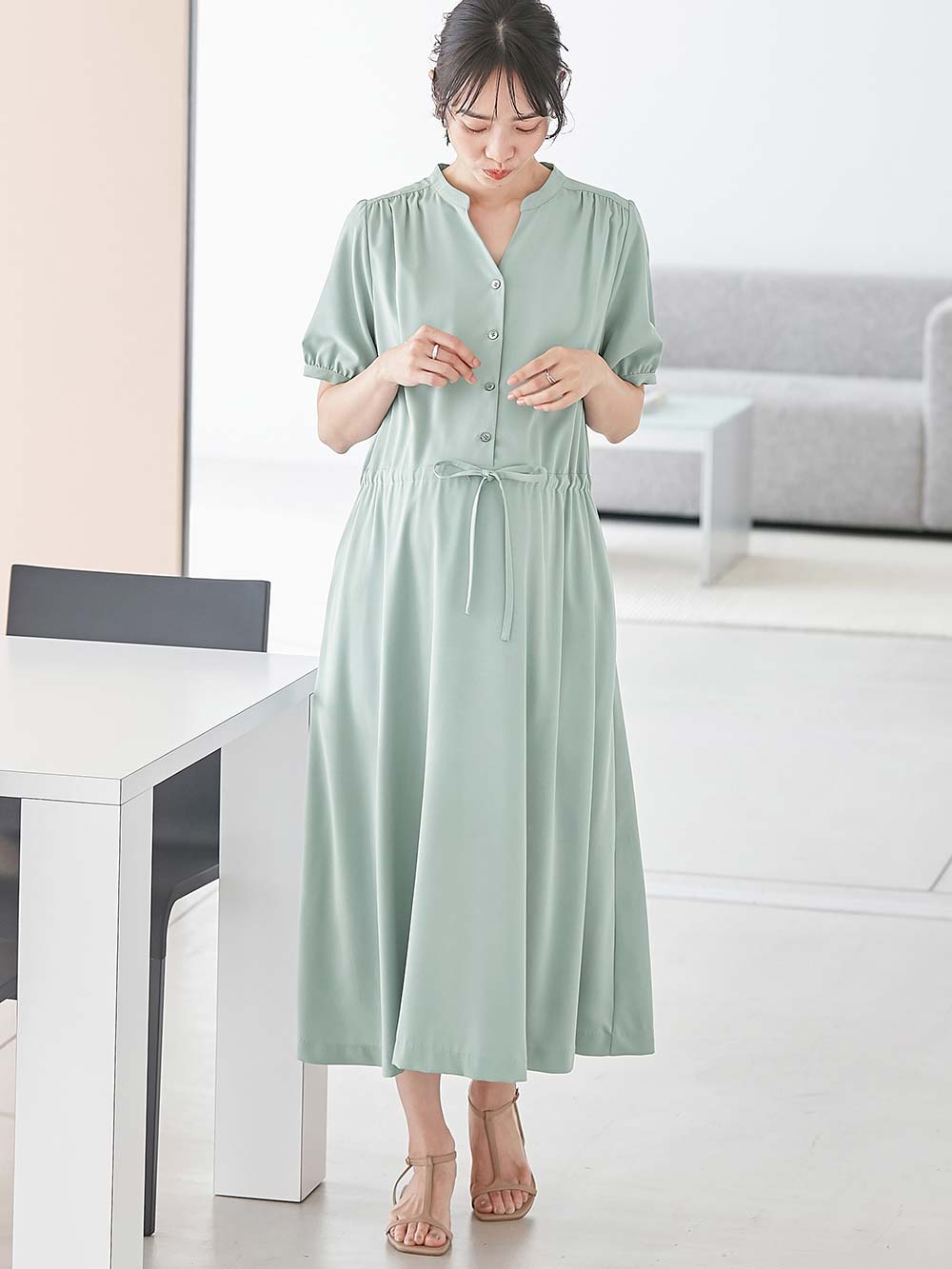 半袖ギャザーシャツワンピース マタニティ・産後授乳服【出産後も 半袖ギャザーシャツワンピース マタニティ・産後授乳服【出産後も