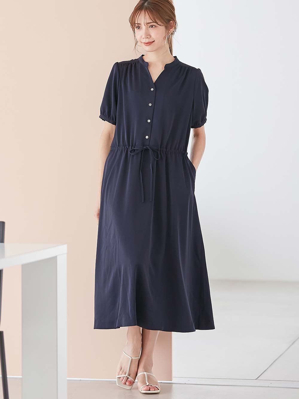 マタニティ ワンピース|半袖ギャザーシャツワンピース　マタニティ・産後授乳服【出産後も長く使える】|ネイビー