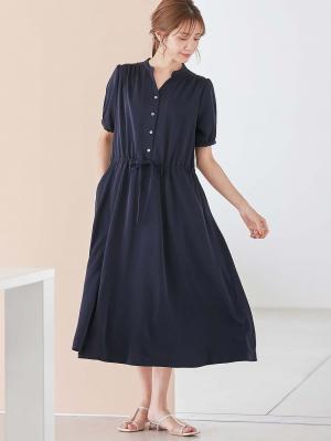 マタニティ ワンピース|半袖ギャザーシャツワンピース　マタニティ・産後授乳服【出産後も長く使える】|ネイビー