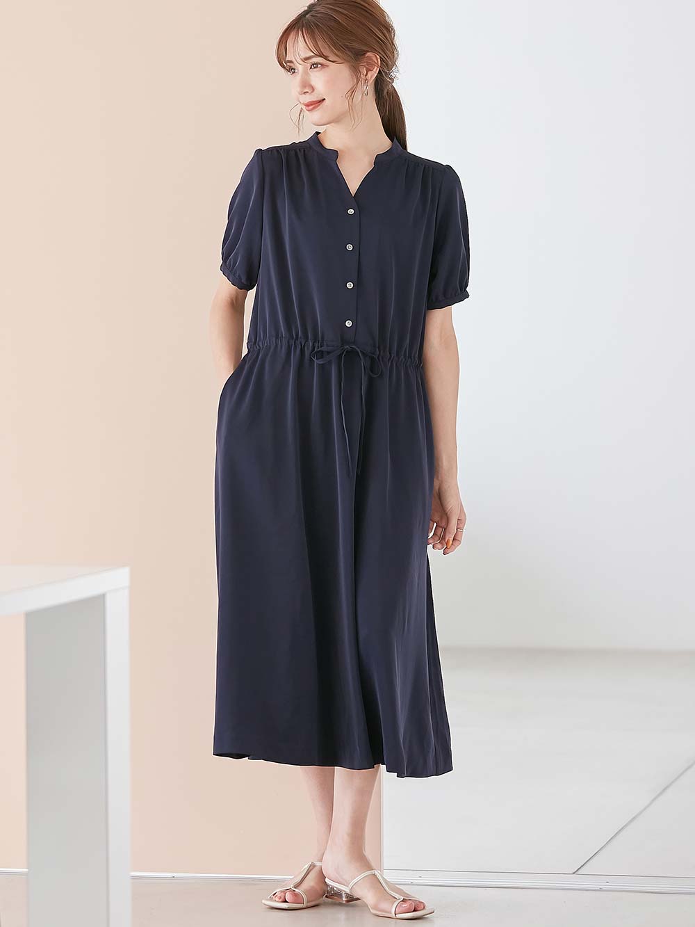 マタニティ ワンピース|半袖ギャザーシャツワンピース　マタニティ・産後授乳服【出産後も長く使える】|ネイビー