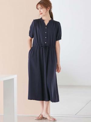 マタニティ ワンピース|半袖ギャザーシャツワンピース　マタニティ・産後授乳服【出産後も長く使える】|ネイビー